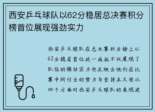 西安乒乓球队以62分稳居总决赛积分榜首位展现强劲实力