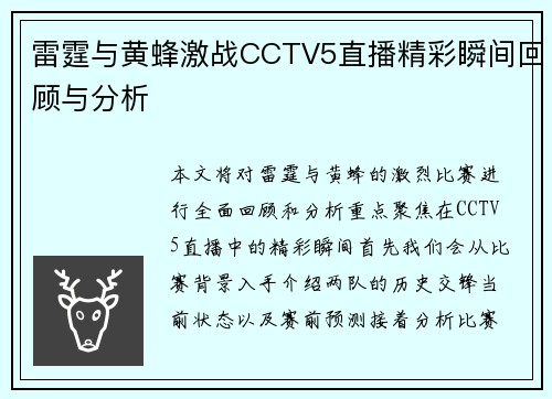 雷霆与黄蜂激战CCTV5直播精彩瞬间回顾与分析