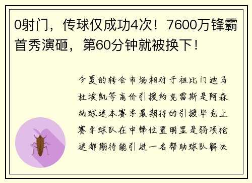 0射门，传球仅成功4次！7600万锋霸首秀演砸，第60分钟就被换下！